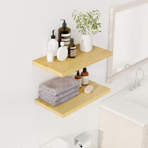 Image of Dreamland 24 inch Floating Shelves for Wall, 12 inch Deep Slim Oak Floating Shelves, Wall-Mounted Shelves for Bedroom, Living Room, Kitchen, Bathroom - Set of 2