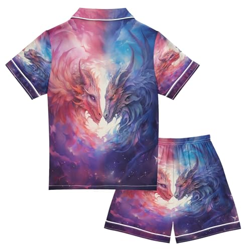 ALAZA Magic Fantasy Dragon Satin Pajamas Set Short Sleeve Button Down Sleepwear Summer Pjs 2 Piece2