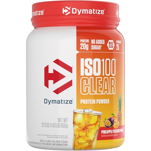 Image of Dymatize ISO100 Clear Protein Powder - Only 6 Ingredients - Whey Protein Isolate, Pineapple Passion Punch, 20g Protein, 4.9g BCAAs, 90 Calories, 0g Fat, 0g Sugar, 2g Carb, Gluten Free (25 Servings)