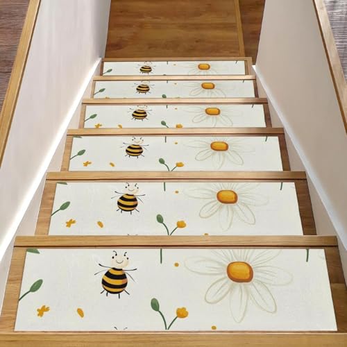 Tapis d'escalier antidérapants blancs lavables pour marches en bois | Lot de 5