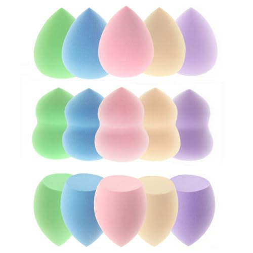 15 Pcs Makeup Sponges Set - 3 Shapes Multi-Colored Soft Cosmetic Sponges for Liquid, Cream & Powder Foundation, Concealer (Pink/Nude/Purple/Green/Blue)