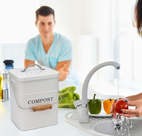Komposteimer für die Küche, 6 l, mit wasserdichtem Deckel und Kohlefilter – Kompost-Mülleimer für die Küche aus Kohlenstoffstahl, geruchshemmend, kompakt, den Innenbereich, leicht zu reinigen, weiß
