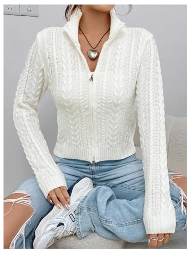 MakeMeChic Women's Cropped Cardigan Sweaters Fall Clothes Long Sleeve Zipper Cable Knit Jacket4