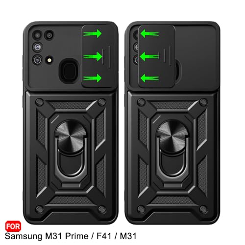 Image of TheGiftKart Tough Armor Bumper Back Cover Case for Samsung Galaxy M31 / F41 / M31 Prime | Ring Holder & Kickstand in-Built | 360 Degree Protection Back Case (PC & TPU, Sliding Camera Cover, Black)