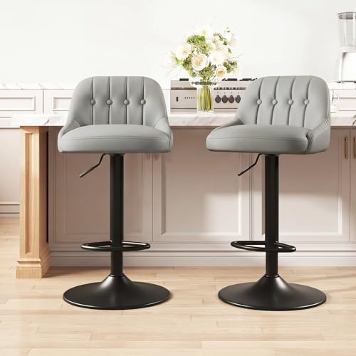 Image of MALOL Bar Stools Set of 2, Swivel Bar Chairs, Modern Adjustable PU Leather Upholstered Barstools Counter Height with Tufted Back for Bar, Kitchen Counter Island, Dining Room, Grey