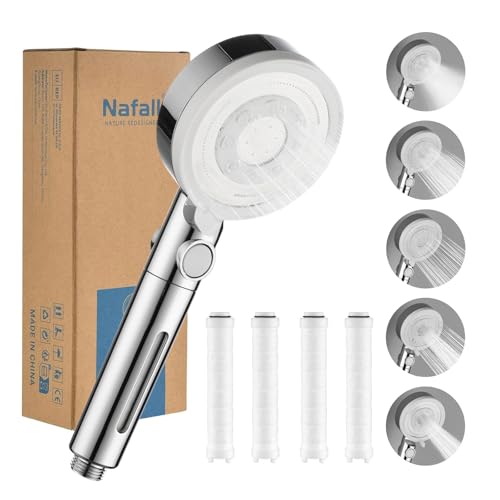 Nafall Soffione Doccia Anticalcare - Soffione Doccia con Filtro Alta Pressione Risparmio Idricocon, Shower Head with filter, Doccino per Doccia con 5 Modi Funzione, Cromo Bianco
