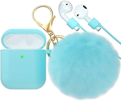 CTYBB for Airpod Case,Silicone Airpods Case Cover with Fur Ball Keychain Compatible with Apple Airpods 2/1 (Front LED Visible) Line Green