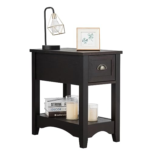 COSTWAY Mesitas de Noche, Mesa Auxiliar de Madera de Caucho, Mesa Lateral Retro, Mesillas de Noche Rectangular, Mesa Compacta con Cajón y Estante para Dormitorio (Nogal, Individual)