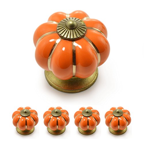 Ganzoo 4 boutons de meuble couronne en porcelaine orange avec décoration bronze antique, bouton de tiroir et porte de placard, forme ronde agréable, Ø 38mm...