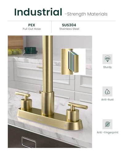 Image of APPASO 2 Handles 4 Hole Kitchen Faucet with Pull Down Sprayer Brushed Gold | Gold Kitchen Faucets with Soap Dispenser, Modern High Arc Stainless Steel for 3 & 4 Hole Sinks, Spot Free, Easy to Install