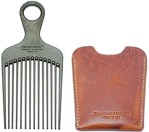 Chicago Comb No. 7 Carbon Fiber + Horween English Tan Leather Sheath, Made In Usa, Detangling, Pick & Lift Comb, Men & Women, Long, Curly & Thick Hair, Big Beards & Afros, Anti-Static, 6" (15 Cm) Long #TOP10