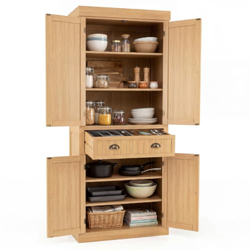 Image of GiantexUK 183cm Tall Kitchen Cupboard, 4-Door Freestanding Pantry Cabinet with Adjustable Shelf, Drawer & Anti-Toppling Device, Wooden Storage Cupboard for Dining Room (without Door Racks, Natural)