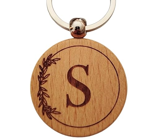 S Porte-clés Personnalisé Lettre S en Bois Gravé - Porte Clef Maison Voiture Cadeau Personnalisé Idéal pour Noël, Anniversaire ou Toute Occasion
