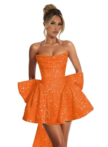 PAVERJER Short Homecoming Dresses for Teens 2025 with Bow Strapless Sparkly Sequin Corset A-Line Cocktail Party Dress
