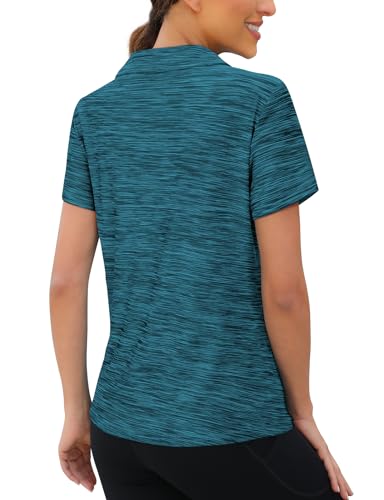 Viracy Camisa polo feminina de golfe com zíper 1/4, manga curta, absorção de umidade, Azul, M