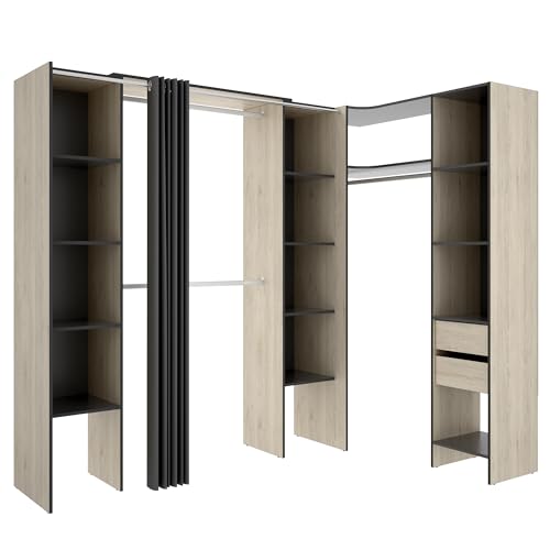 DEKIT GRUPO RIMOBEL SUIT - Composizione di Cabina Armadio angolare con due colonne, zona con barre appendiabiti e tenda – Rovere Naturale/Grafite – 205 x 184-234 x 141 cm
