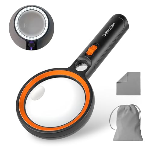 GABORISH Magnifying Glass with Light 30 LED, 10X 20X 45X Large Magnifying Glasses with 1UV Light, Handheld Magnifier with Light for Seniors Reading, Inspection, Coins, Jewelry (Orange)