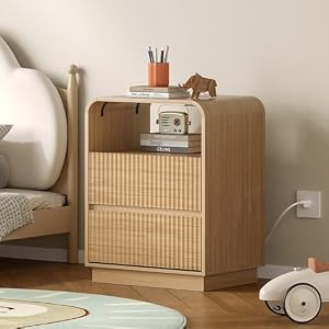 BORNOON Nightstand with Charging Station, Fluted Bedside Table with Round Curved Corner, Hidden Handles, 2 AC Outlets and 2 USB Ports, Modern Wood End Table with Open Shelf for Bedroom