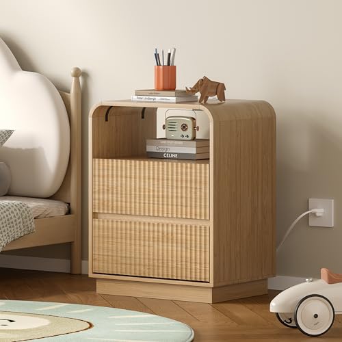 Image of BORNOON Dresser with 2 Drawers and Charging Station, Fluted Bedside Table with Round Curved Corner, Hidden Handles, 2 AC Outlets and 2 USB Ports, Modern Wood End Table with Open Shelf for Bedroom