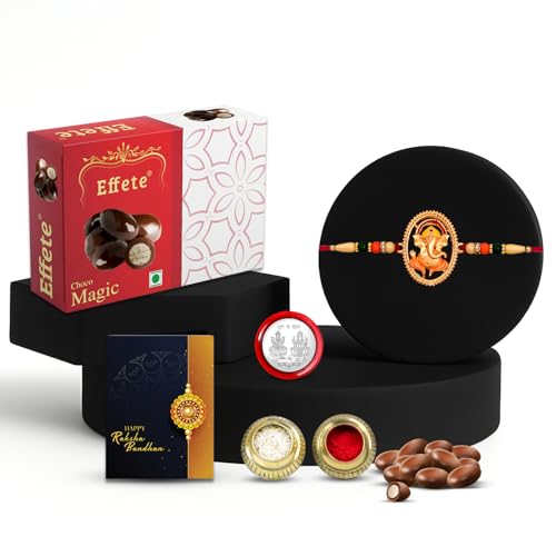 Image of DeoDap Rakhi Gift Set for Brother with 32g Chocolate, Silver Pooja Coin and Greeting Card - Raksha Bandhan Celebration Combo