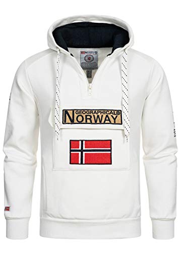 Geographical Norway GYMCLASS - Felpa con cappuccio e tasca a marsupio da uomo, con logo della marca e maniche lunghe, bianco, L