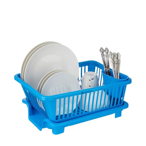 Image of Plastic Kitchen Dish Drainer Rack with Drying Tray & Cutlery Holder | 23 x 46 x 56 cm Utensil Stand & Bartan Stand | Mesh Design Dish Drying Basket Organizer for Kitchen Counter - Blue