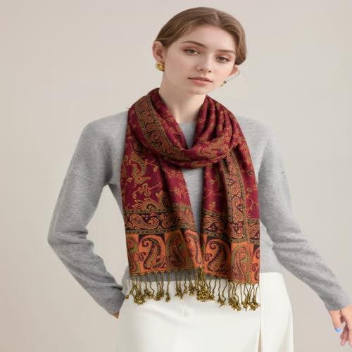 AUSEKALY Pashmina Feel Shawls Wraps for Women Rave Scarf Soft Silky Reversible Men Scarves Burgundy - Thumbnail 2