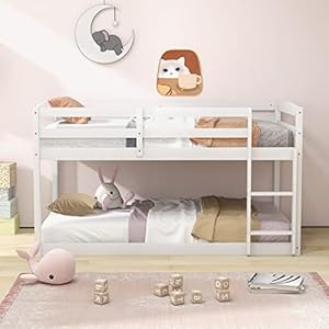 Giantex Twin Low Bunk Bed, Solid Wood Twin Over Twin Bunk Bed Frame with Full Guardrails & Integrated Ladder, Floor Twin Bunk Beds for Kids Boys and Girls, No Box Spring Needed, White Giantex Twin Low Bunk Bed Solid Wood Twin Over Twin Bunk Bed Frame with Full Guardrails Integrated Ladder Floor Twin Bunk Beds for Kids Boys and Girls No Box Spring Needed White