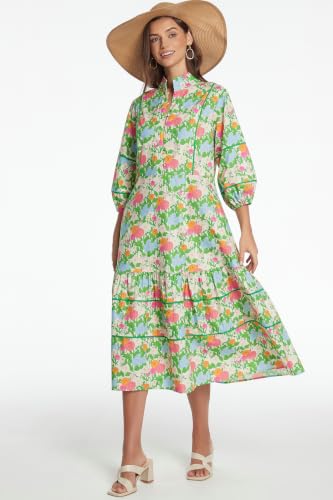 Image of D-Sun Women Floral Maxi Dress Elegant Printed Button Down 3 /4 Puff Sleeve Tiered A-Line Flowy Party Long Dress with Pocket