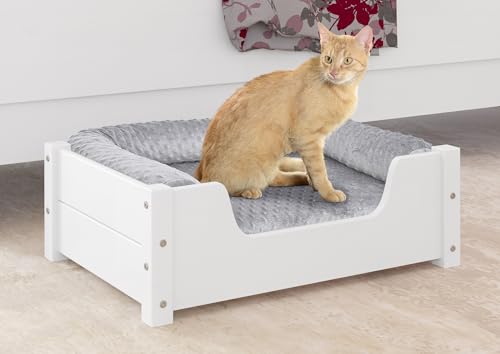 Erst-Holz Gemütliches Tierbett für Katzen und Hunde 60x40 Kiefer weiß V-30.32-W-60x40, Ausstattung:mit Rollrost. Polster und Matratze