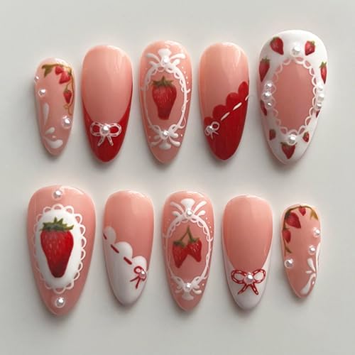 24Pcs Cute Strawberry Press on Nails Medium Almond Fake Nails with 3D Pearl Designs Stick on Nails Bow Nails Summer Acrylic Nails Sweet Lace Glue on Nails for Women Nail Decoration Supplies