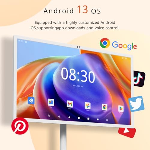 Image of 32-Inch Portable TV with Incell Touch Screen, 1080P Rolling Smart TV, 8G RAM+128G Storage, Android OS, Built-in Battery, Full Swivel Rotation, Remote Control, Ideal for Trade Show, Brainstorm Meeting