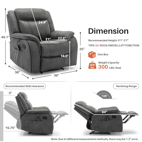 Massage Recliner Chair with Heat, Faux Leather Recliner Chairs for Adults, 39" Wide Manual Reclining Ergonomic Lounge Chair, Overstuffed Wall Hugger Recliners for Living Room, Grey - Image 3