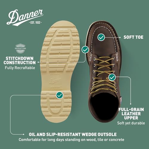 Image of Danner 6 inch Bull Run Moc Toe Work Boots for Men - Oiled Full-Grain Leather Upper with Non Slip Wedge Outsole and 3-Density Cushion Footbed, EH Resistant