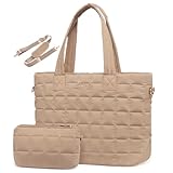 LOVEVOOK Puffer Tote Bag for Women, Fits 15.6 Inch Laptop bag Quilted Women Tote Bag with Zipper, Large Puffy Work Bag Purse Shoulder Bag for Travel Gym Everything Weekend, Brown