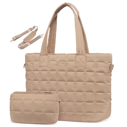 LOVEVOOK Puffer Tote Bag for Women, Fits 15.6 Inch Laptop bag Quilted Women Tote Bag with Zipper, Large Puffy Work Bag Purse Shoulder Bag for Travel Gym Everything Weekend, Brown