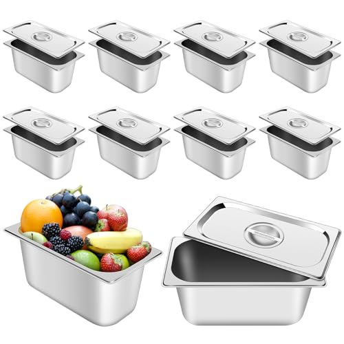 10 Set Stainless Steel Hotel Pans with Lids 1/3 Size 6 Inch Deep Food Pans Anti-Jam Warming Steam Table Pan Lid Catering Food Storage Metal Pan Steam Cover for Fruits Vegetables Restaurant Hotel