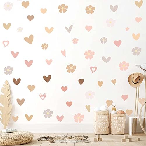 HATARU Colorful Flowers Wall Decals,Pastel Hearts Wall Art Stickers Bedroom Decor Peel and Stick,Pink Floral Wall Decal Girls Decor,Multicolor Daisy Wall Decal for Kids Room Nursery Living Room Decor