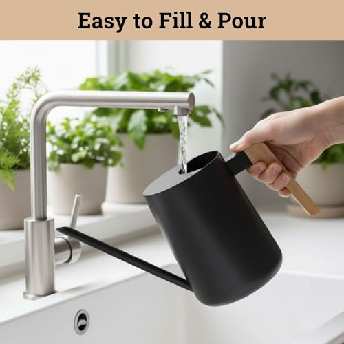 35 Ounce Metal Small Indoor Watering Can with Long Spout & Real Wood Handle for House Plants, Succulents, Cacti & Seedlings - Black Long Spout Watering Can Indoor Plants - Gentle Flow & No Spills by HB Design Co. - Image 4