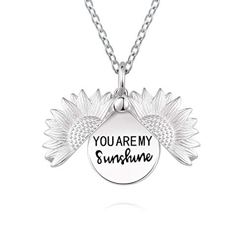 Jinlou You are My Sunshine Stamped Sunflower Necklace Locket 925 Sterling Silver Pendant Necklace for Women Girls (Silver Sunflower Necklace)