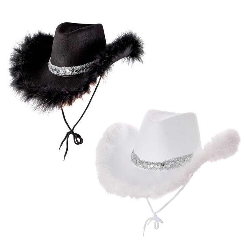 My Illusions 2 Pack Cowgirl Hats Western-Themed Hen Night Fancy Dress Ladies Festival Cowboy Costume Accessories (Black & White with Feathers)…
