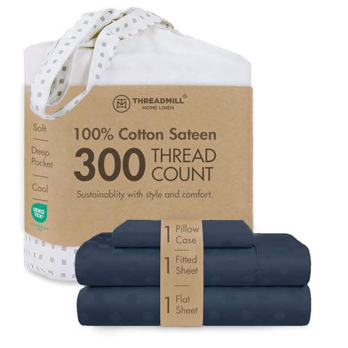 Image of Threadmill 300TC Cotton Twin XL Sheet Set, Sateen, Jacquard, Folkstone Blue | 100% Cotton, Sateen Weave, Jacquard Pattern, 3-Piece Set, 16 inch Deep Pocket, Cooling, Breathable, OEKO-TEX Certified