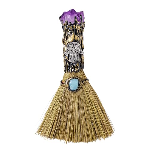 Vassoura bruxa – mágica, haste de cura | vassoura feita à mão com pedras preciosas para parede pagan, purificação energética em altares, meditação em casa espiritual