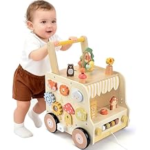 Pithfor Wooden Activity Cube Push Walker, Wooden Baby Walker, Montessori Toys for Babies 10-12 Months 1 2 3 Years Old Boys & Girls, Help Learning to Walk & Sit-to-Stand