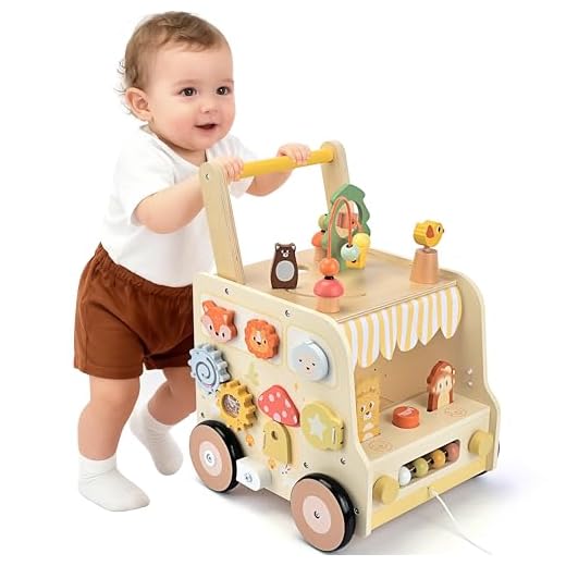 Pithfor Wooden Activity Cube Push Walker, Wooden Baby Walker, Montessori Toys for Babies 10-12 Months 1 2 3 Years Old Boys & Girls, Help Learning to Walk & Sit-to-Stand