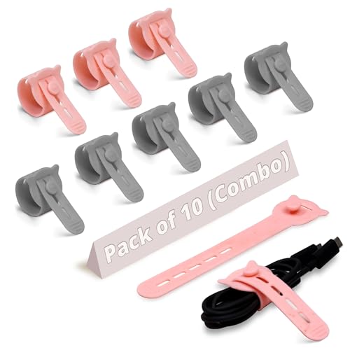 Image of LivingBasics 10 Pcs Silicone Reusable Cable Ties /Wire Ties /Adjustable Cable Organizer /Elastic Cord Organizer /Reusable Silicone Cord Straps for Earphones, Wires, Chargers, Desk (Pink & Grey)