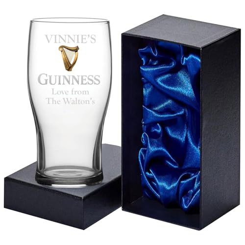EIO Gifts Personalised Genuine Guinness Irish Stout Pint Glass with Presentation Box– Custom Engraved Beer Glass Gift for Men & Women, Customised Drinking Glassware, 20fluid Ounces / 568millilitres