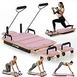 X-HOBON Pilates Board Reformer for Home Workout, Reformer Board, Glide Board, Sliding Rails, Maple Wood Deck & High-Strength Steel Rails, Adjustable Resistance Bands, PU Wheels, Quick Assembly (Pink)