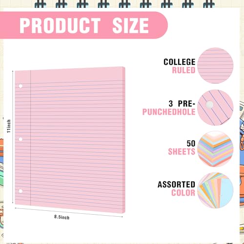 PerKoop 600 Sheets Colored Loose Leaf Paper 8.5\" x 11\" college ruled Lined 3 Hole Punched notebook Filler Paper for 3 Ring Binders Office School Supplies (Fantasy Color)