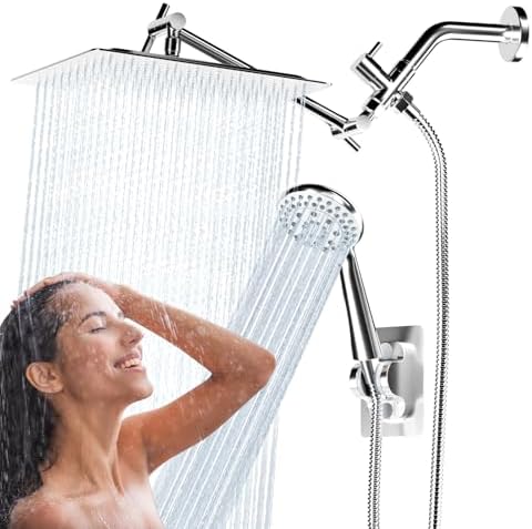 Shower Head, 8'' Rain Shower Head with Handheld Spray, High Pressure Rainfall Showerhead Combo with Adjustable Shower Extension Arm 5 Modes Handheld Shower Heads Detachable Dual Shower, Chrome